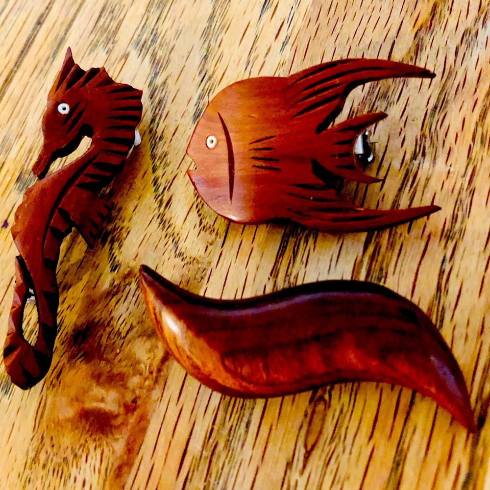 Vintage Wood Brooches (3) - Wave, Fish & Seahorse